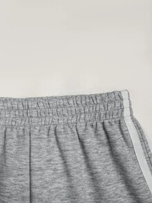 SHEIN 青少年女孩休閒白色貼條淺灰色簡約寬腿運動長褲，返校季 - 灰色 - 查看 5