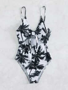 Swim Vcay 棕櫚樹印花前打結連體泳衣 - 黑與白 - 查看 4