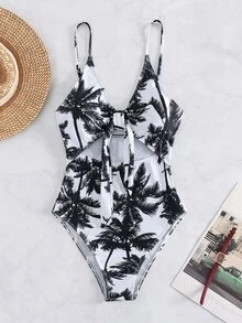 Swim Vcay 棕櫚樹印花前打結連體泳衣 - 黑與白 - 查看 8