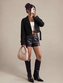 SHEIN PETITE 女款卡其色短版休閒寬鬆腰帶夾克，秋季外套，秋季穿著，度假女裝，返校季 - 黑色 - 查看 8