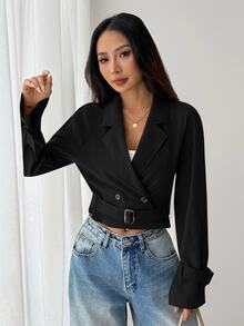 SHEIN PETITE 女款卡其色短版休閒寬鬆腰帶夾克，秋季外套，秋季穿著，度假女裝，返校季 - 黑色 - 查看 6