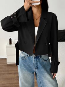 SHEIN PETITE 女款卡其色短版休閒寬鬆腰帶夾克，秋季外套，秋季穿著，度假女裝，返校季 - 黑色 - 查看 4