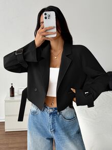 SHEIN PETITE 女款卡其色短版休閒寬鬆腰帶夾克，秋季外套，秋季穿著，度假女裝，返校季 - 黑色 - 查看 1