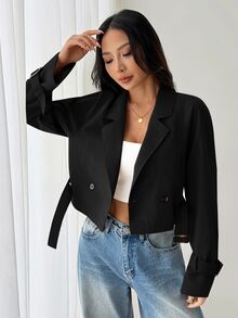 SHEIN PETITE 女款卡其色短版休閒寬鬆腰帶夾克，秋季外套，秋季穿著，度假女裝，返校季 - 黑色 - 查看 3