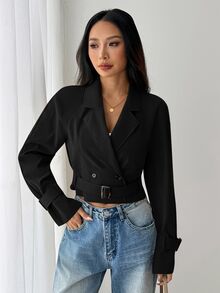SHEIN PETITE 女款卡其色短版休閒寬鬆腰帶夾克，秋季外套，秋季穿著，度假女裝，返校季 - 黑色 - 查看 5