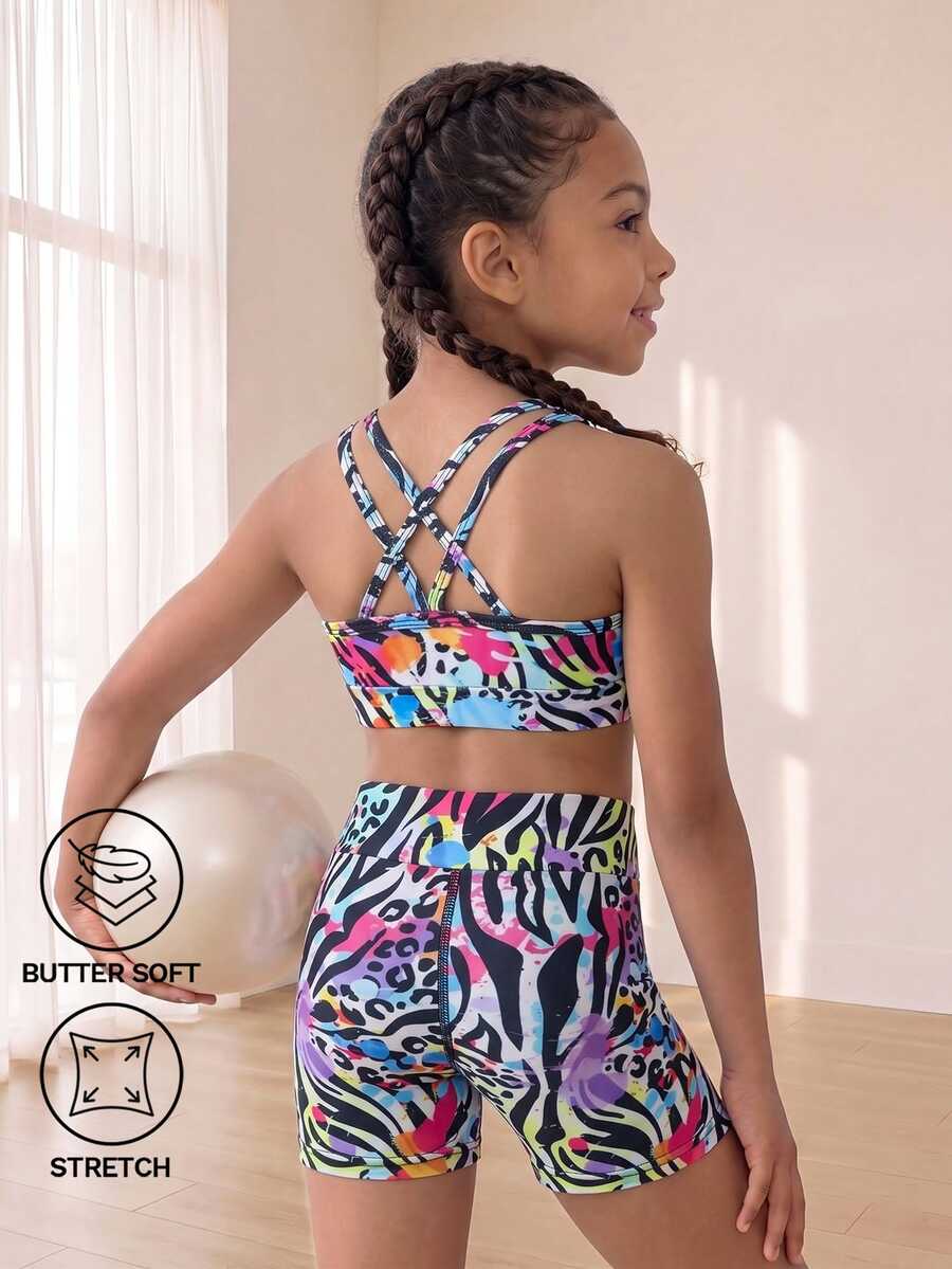 SHEIN Young Girls' Multi-Color Sports Athletic Outdoor Set, Simple Fashion Top + Long Pants, Tight High Stretch Fabric Comfortable Fit 4-Way, Summer, Gym - Multicolor - View 1