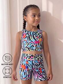 SHEIN Young Girls' Multi-Color Sports Athletic Outdoor Set, Simple Fashion Top + Long Pants, Tight High Stretch Fabric Comfortable Fit 4-Way, Summer, Gym - Multicolor - View 2