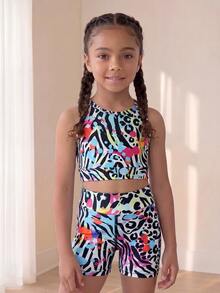SHEIN Young Girls' Multi-Color Sports Athletic Outdoor Set, Simple Fashion Top + Long Pants, Tight High Stretch Fabric Comfortable Fit 4-Way, Summer, Gym - Multicolor - View 6