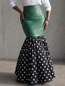 SHEIN Rok Duyung Wanita Elegan dengan Motif Polkadot Patchwork - MultiWarna - View 5