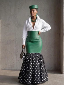 SHEIN Rok Duyung Wanita Elegan dengan Motif Polkadot Patchwork - MultiWarna - View 6