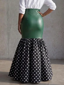 SHEIN Rok Duyung Wanita Elegan dengan Motif Polkadot Patchwork - MultiWarna - View 2
