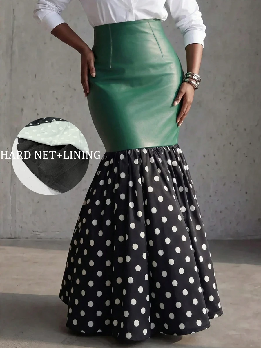 SHEIN Rok Duyung Wanita Elegan dengan Motif Polkadot Patchwork - MultiWarna - View 1