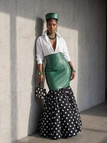 SHEIN Rok Duyung Wanita Elegan dengan Motif Polkadot Patchwork - MultiWarna - View 8