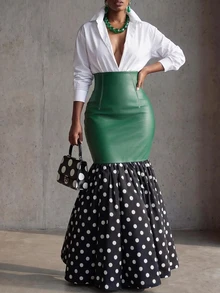 SHEIN Rok Duyung Wanita Elegan dengan Motif Polkadot Patchwork - MultiWarna - View 4