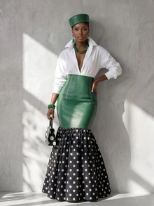 SHEIN Rok Duyung Wanita Elegan dengan Motif Polkadot Patchwork - MultiWarna - View 7