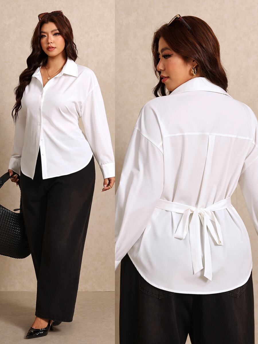Elaquor Plus Size Women's Solid Color Drop Shoulder Long Sleeve Single-Breasted Casual Shirt Fall - White - View 1