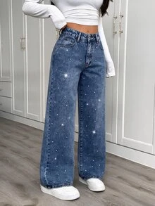 SHEIN PETITE 女款水鑽亮片口袋高腰時尚百搭牛仔褲 - 中等水洗藍 - 查看 9