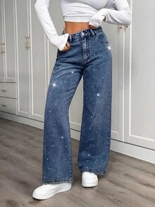 SHEIN PETITE 女款水鑽亮片口袋高腰時尚百搭牛仔褲 - 中等水洗藍 - 查看 6