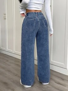 SHEIN PETITE 女款水鑽亮片口袋高腰時尚百搭牛仔褲 - 中等水洗藍 - 查看 3