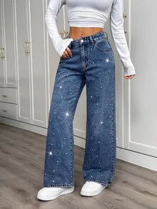 SHEIN PETITE 女款水鑽亮片口袋高腰時尚百搭牛仔褲 - 中等水洗藍 - 查看 4