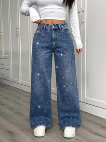 SHEIN PETITE 女款水鑽亮片口袋高腰時尚百搭牛仔褲 - 中等水洗藍 - 查看 8