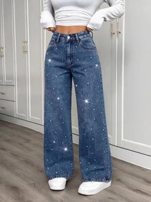 SHEIN PETITE 女款水鑽亮片口袋高腰時尚百搭牛仔褲 - 中等水洗藍 - 查看 5