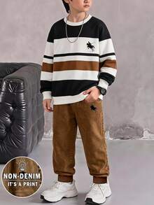 Setelan Sweatshirt dan Celana Sweatpants 2 Potong Gaya Kasual Street Minimalis Motif Garis-garis Blok Warna Bahu Jatuh Kerah Bulat untuk Anak Laki-laki Remaja, Cocok untuk Jalan-jalan dan Olahraga - MultiWarna - View 1