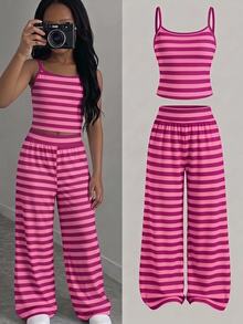 SHEIN Kids Tween Girl Knitted Camisole Top And Striped Loose Pants Set - Multicolor - View 1