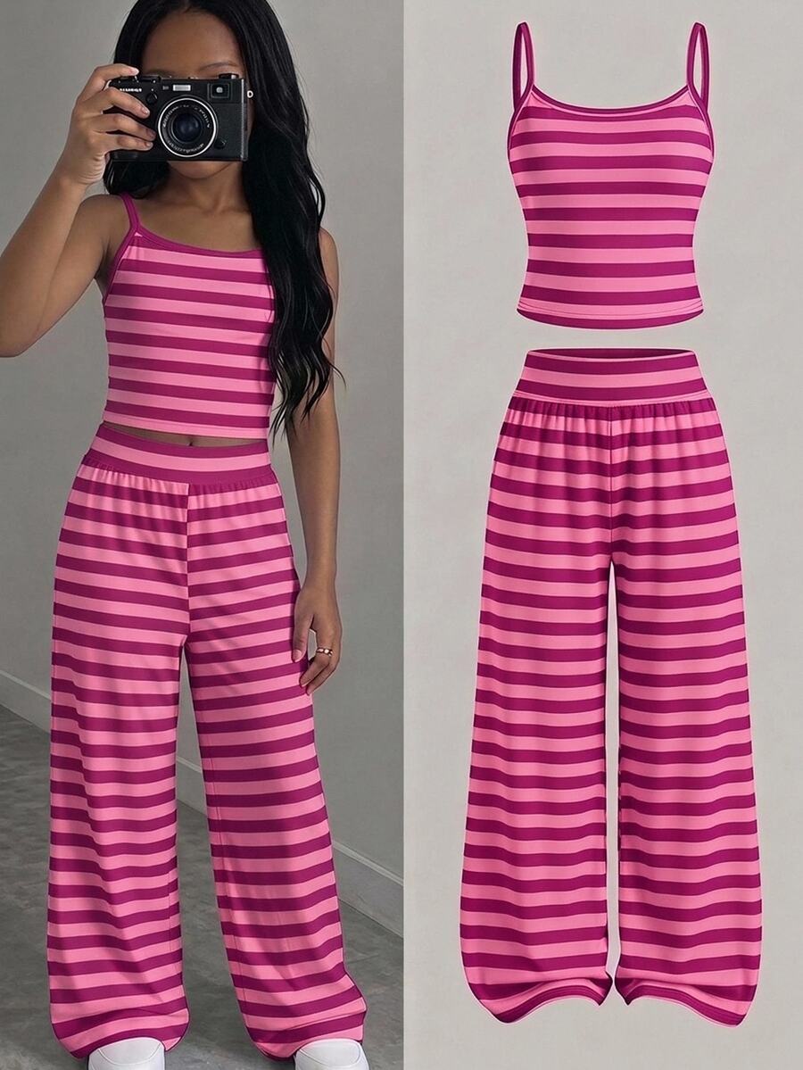 SHEIN Kids Tween Girl Knitted Camisole Top And Striped Loose Pants Set - Multicolor - View 1