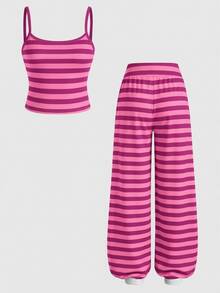 SHEIN Kids Tween Girl Knitted Camisole Top And Striped Loose Pants Set - Multicolor - View 7