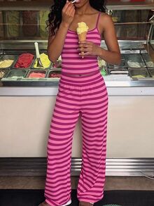 SHEIN Kids Tween Girl Knitted Camisole Top And Striped Loose Pants Set - Multicolor - View 6