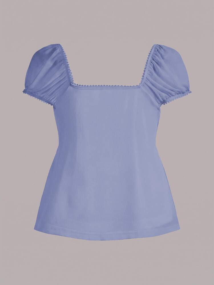 CovetEZ 95% Cotton Women's Red Lace Summer Square Neck Puff Sleeve Tie Front Tee – Cute Soft Girl & Clean - Mauve Purple - View 2