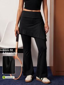 CourtClass Women's Solid Color 2 In 1 Daily Fitness Flare Leggings - Black - View 3