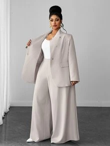 Maweii Plus Size Women Solid Color Long Sleeve Jacket & Pants Suit Set - Light Grey - View 6