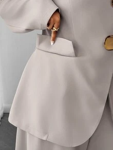 Maweii Plus Size Women Solid Color Long Sleeve Jacket & Pants Suit Set - Light Grey - View 7