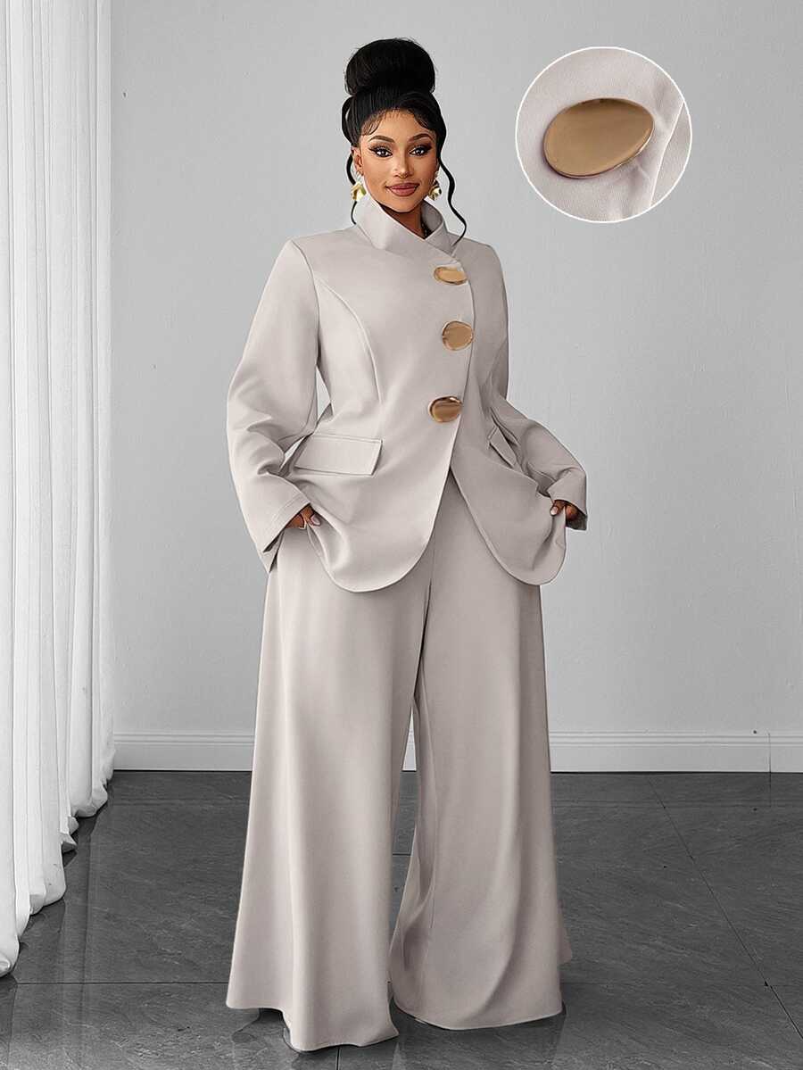 Maweii Plus Size Women Solid Color Long Sleeve Jacket & Pants Suit Set - Light Grey - View 1