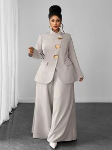 Maweii Plus Size Women Solid Color Long Sleeve Jacket & Pants Suit Set - Light Grey - View 3