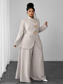 Maweii Plus Size Women Solid Color Long Sleeve Jacket & Pants Suit Set - Light Grey - View 4