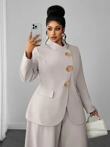 Maweii Plus Size Women Solid Color Long Sleeve Jacket & Pants Suit Set - Light Grey - View 2