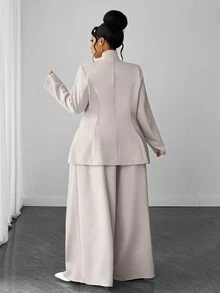 Maweii Plus Size Women Solid Color Long Sleeve Jacket & Pants Suit Set - Light Grey - View 5