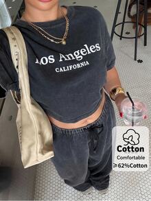 Muchica 女款水洗白色深灰色圖案T恤寬腿褲套裝 夏季休閒正裝街頭風穿搭 適合度假城市旅行正式場合外出 - 黑色 - 查看 5