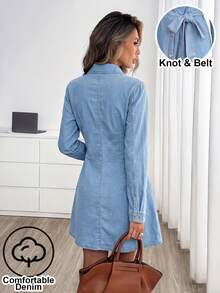 Easowa Women's Fashion Versatile Single-Breasted Long Sleeve Denim Dress, Casual Autumn Winter Denim Dress For Women, Elegant Dress, Party, Vacation, Commute - Blue - View 2