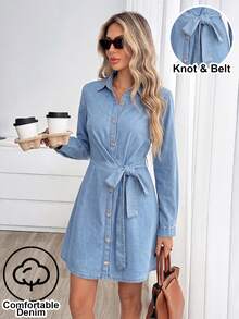 Easowa Women's Fashion Versatile Single-Breasted Long Sleeve Denim Dress, Casual Autumn Winter Denim Dress For Women, Elegant Dress, Party, Vacation, Commute - Blue - View 5