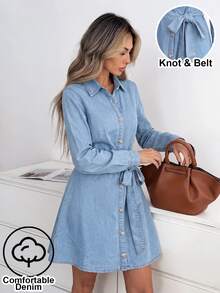 Easowa Women's Fashion Versatile Single-Breasted Long Sleeve Denim Dress, Casual Autumn Winter Denim Dress For Women, Elegant Dress, Party, Vacation, Commute - Blue - View 4