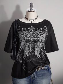 SHEIN ICON Kaos Wanita Ukuran Besar Motif Salib Gotik - Hitam - View 1