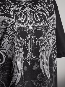 SHEIN ICON Kaos Wanita Ukuran Besar Motif Salib Gotik - Hitam - View 9