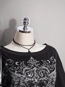 SHEIN ICON Kaos Wanita Ukuran Besar Motif Salib Gotik - Hitam - View 5
