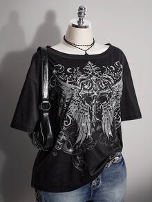 SHEIN ICON Kaos Wanita Ukuran Besar Motif Salib Gotik - Hitam - View 11