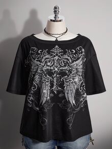 SHEIN ICON Kaos Wanita Ukuran Besar Motif Salib Gotik - Hitam - View 6