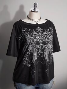 SHEIN ICON Kaos Wanita Ukuran Besar Motif Salib Gotik - Hitam - View 7